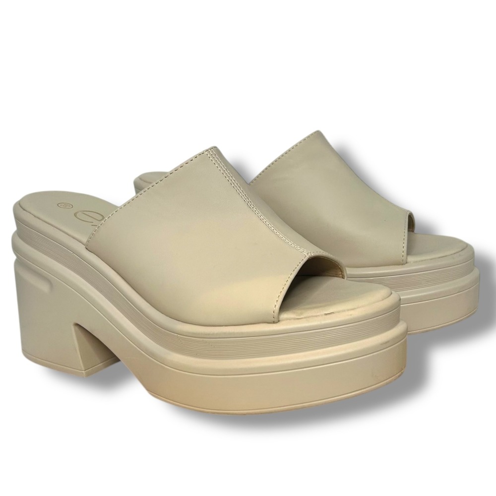 EXE TM 403 Wedge‎ Heel Platform Sandals Beige Size 38 Slip On Open Toe Chunky